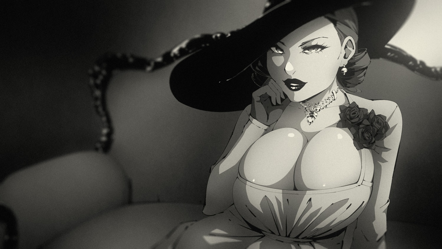 alcina_dimitrescu dress flou monochrome no_bra resident_evil resident_evil_village wallpaper