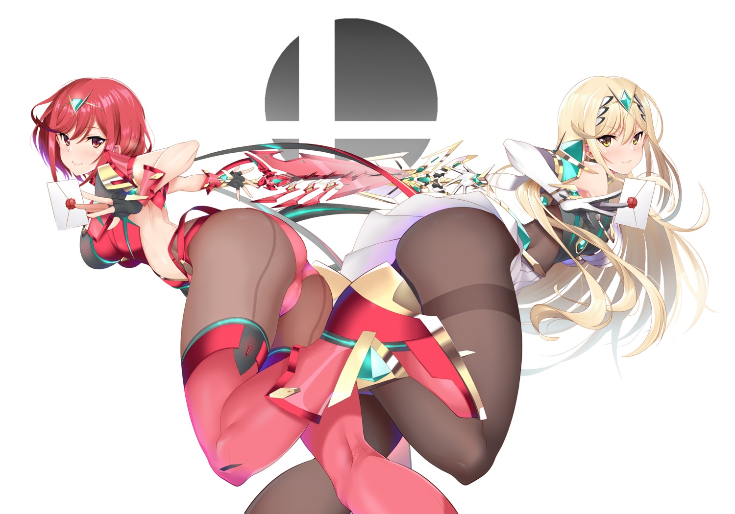 ass bodysuit daive hikari_(xenoblade_2) homura_(xenoblade_2) no_bra pantyhose skirt_lift super_smash_bros. thighhighs xenoblade xenoblade_chronicles_2