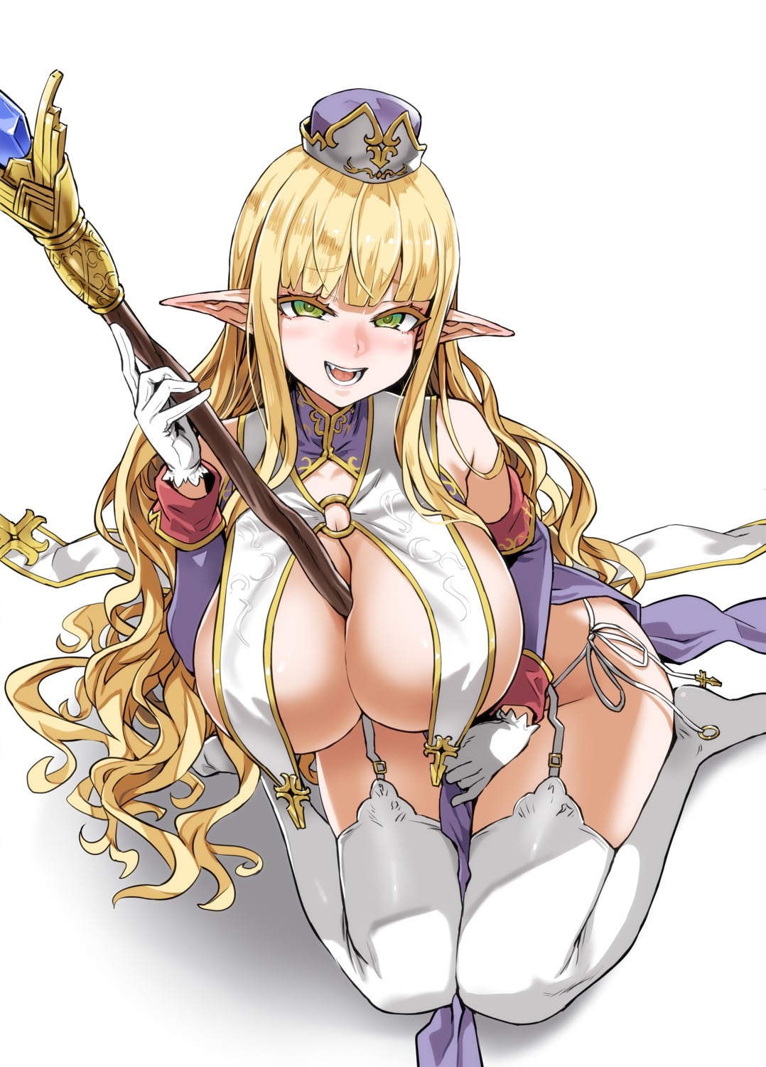 asanagi elf elf_mura no_bra pantsu pointy_ears priscilla_(elf_mura) stockings string_panties thighhighs weapon