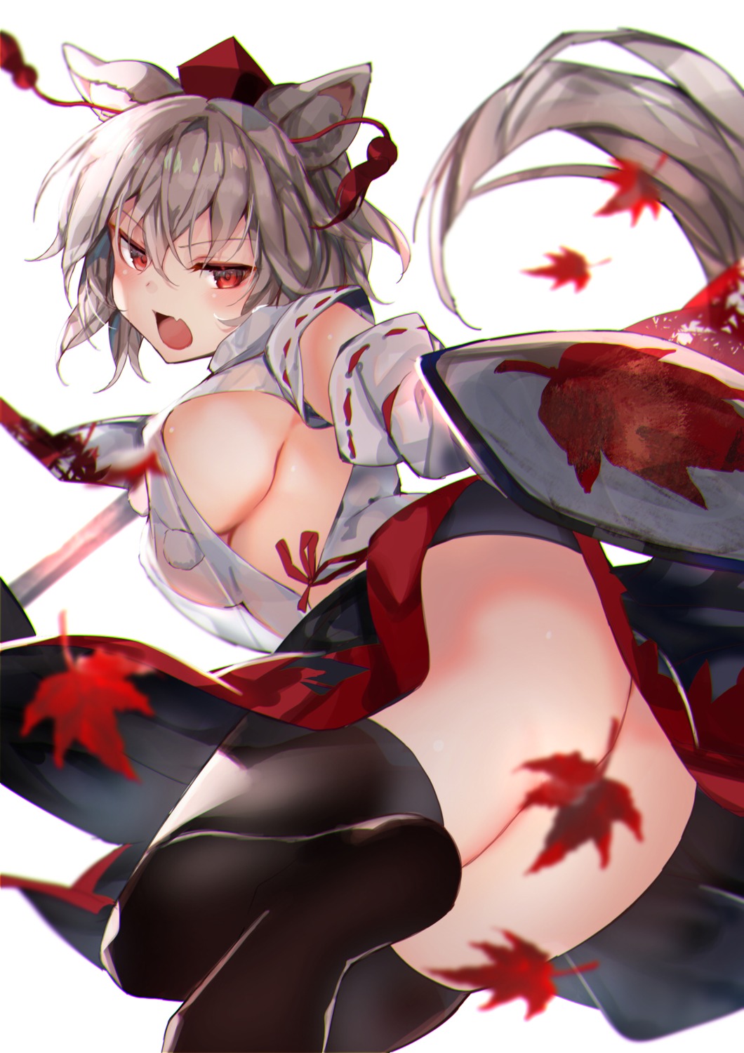 amamitsu_kousuke animal_ears ass feet inubashiri_momiji no_bra nopan see_through tail thighhighs touhou