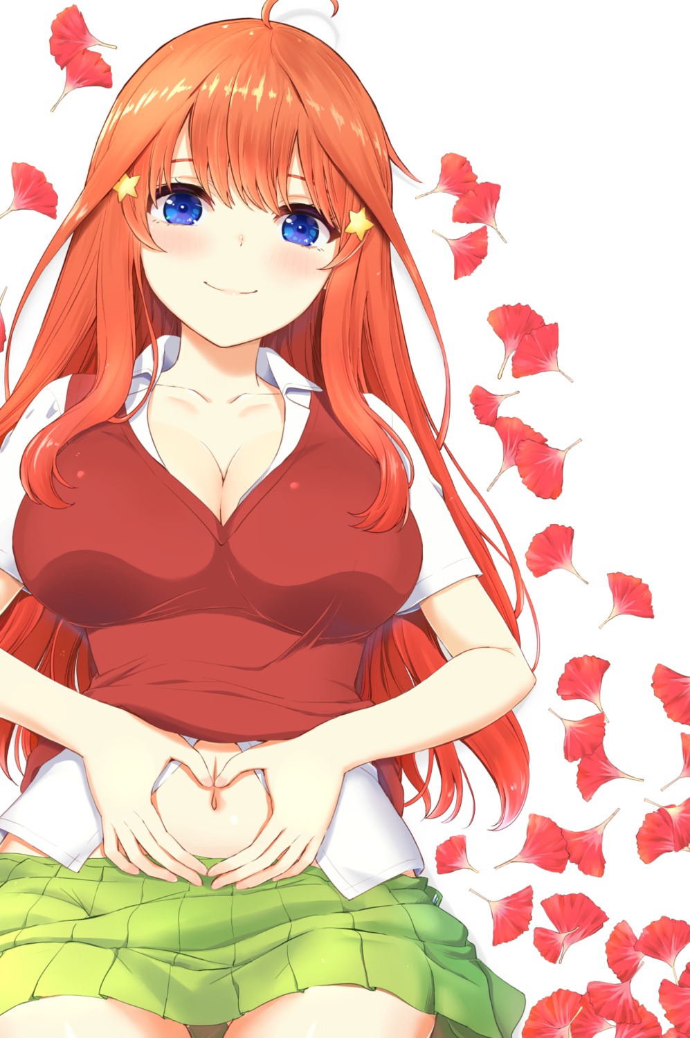 5-toubun_no_hanayome cleavage inanaki_shiki nakano_itsuki open_shirt seifuku shirt_lift skirt_lift sweater