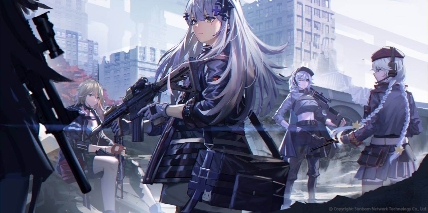 ak-74u_(girls_frontline) doren girls_frontline gun headphones hk416_(girls_frontline) ots-12_(girls_frontline) thighhighs ump45_(girls_frontline)