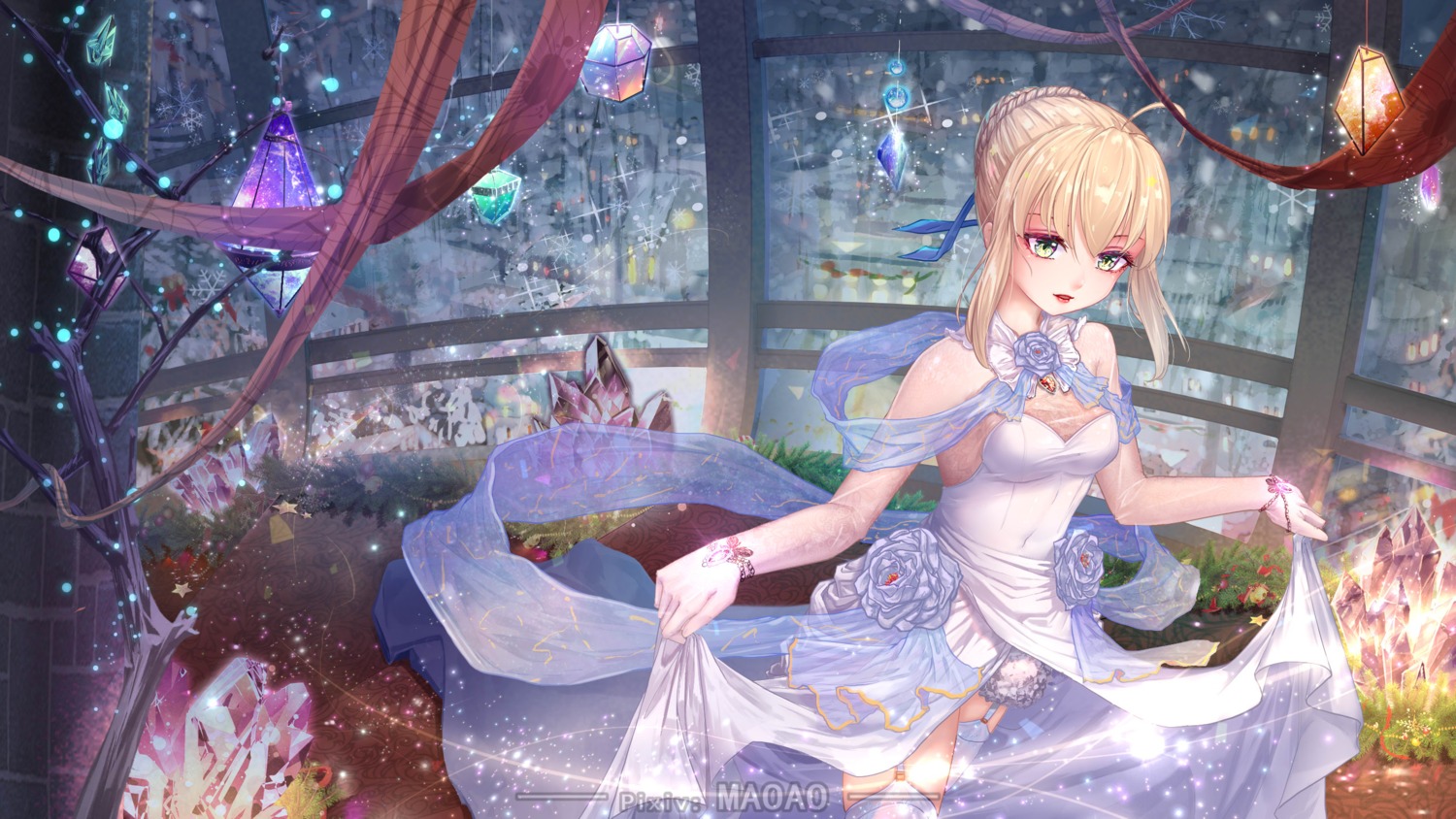 dress fate/stay_night maoao saber see_through skirt_lift stockings thighhighs wallpaper