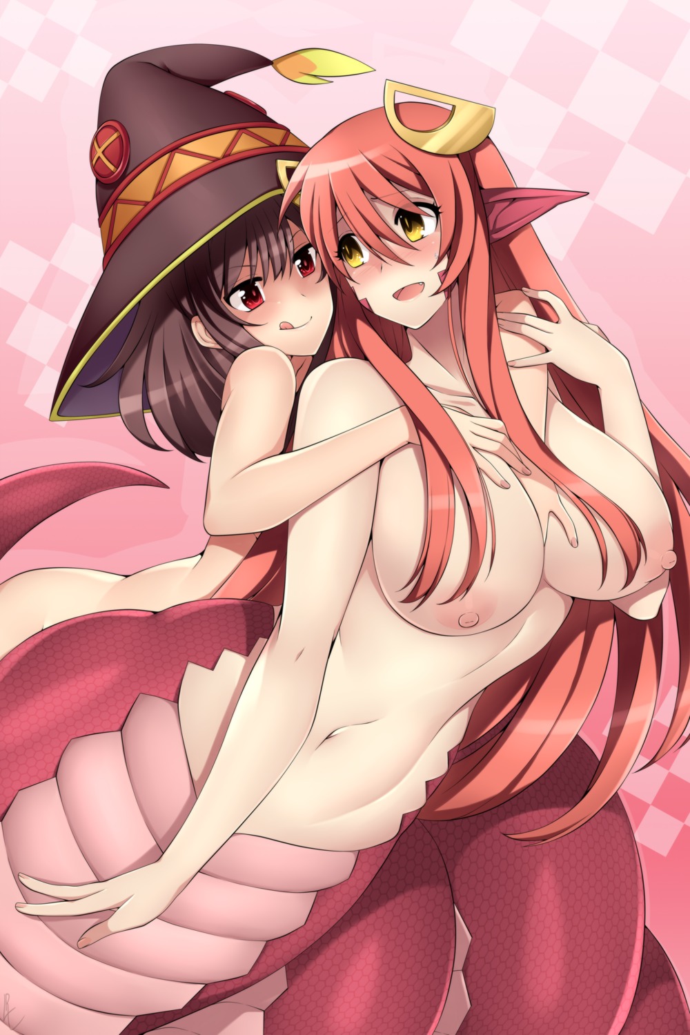 breast_hold crossover kono_subarashii_sekai_ni_shukufuku_wo! lindaroze megumin miia_(monster_musume) monster_musume_no_iru_nichijou naked nipples pointy_ears tail witch