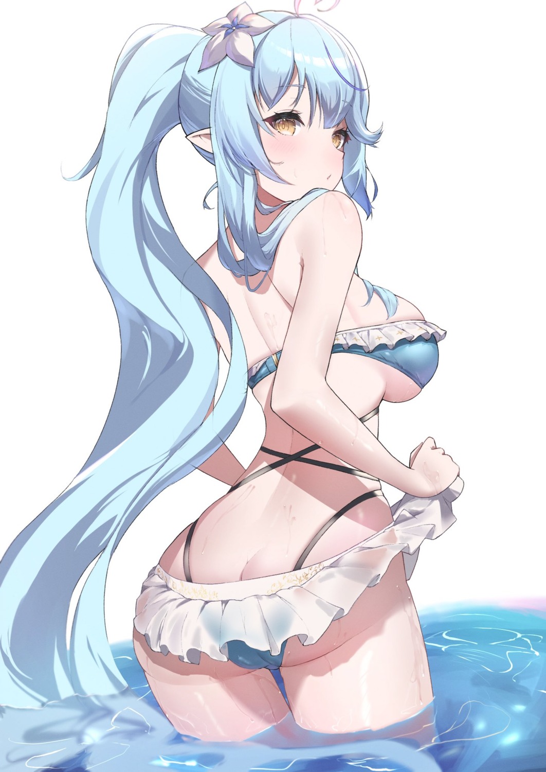 ass bikini elf hololive jpeg_artifacts pointy_ears see_through skirt_lift swimsuits taraneko_miso wet yukihana_lamy