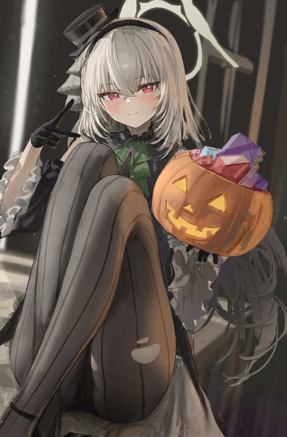 blue_archive halloween halo hidulume pantsu pantyhose skirt_lift torn_clothes uniform utazumi_sakurako