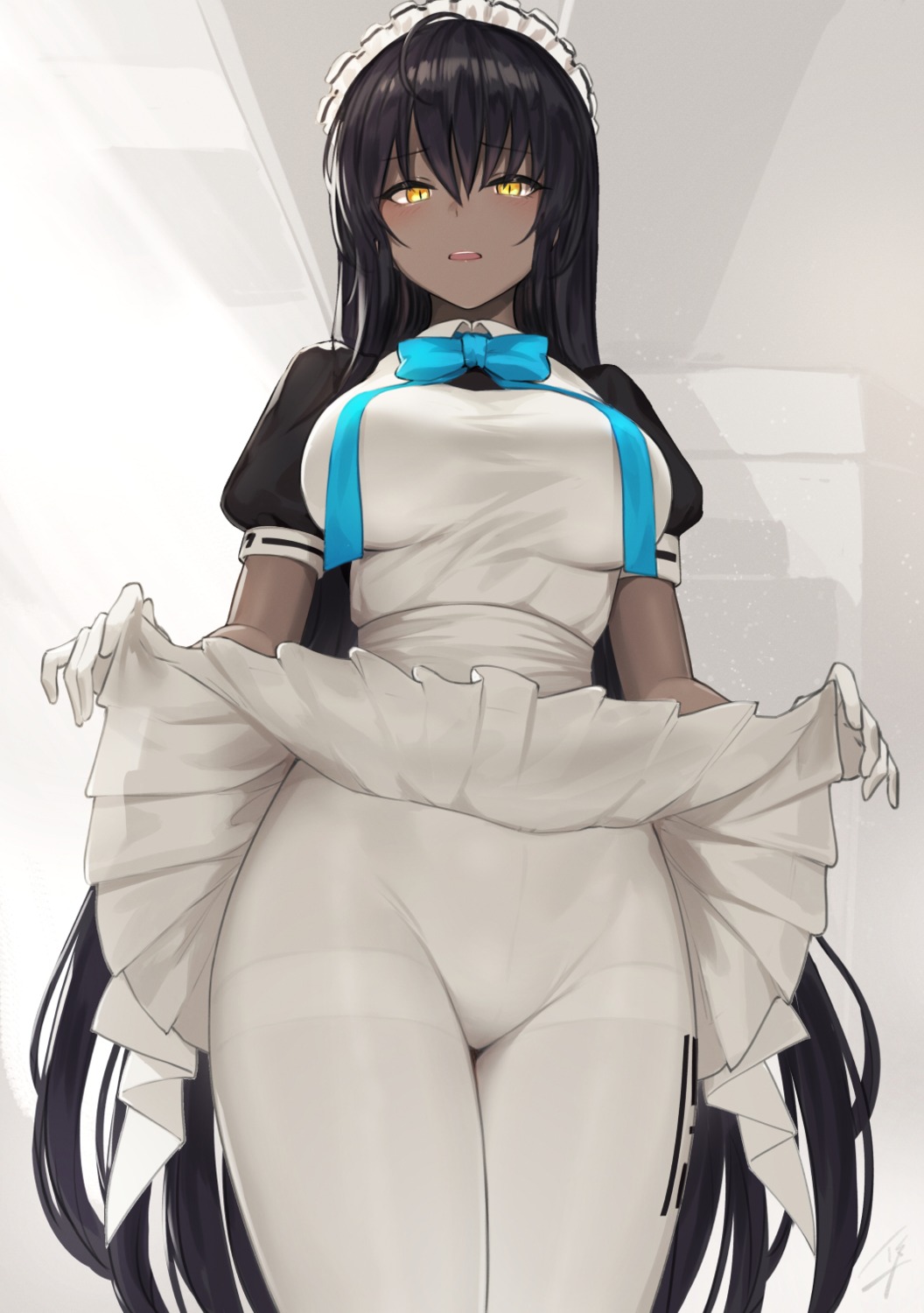 blue_archive hayabusa kakudate_karin maid pantyhose skirt_lift