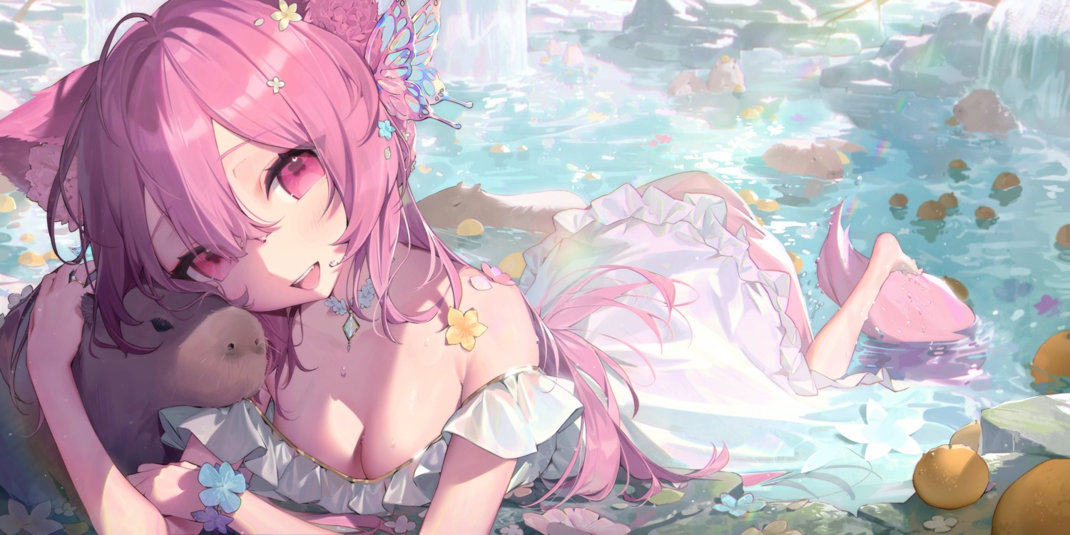 animal_ears dress indie_virtual_youtuber inksie_(vtuber) monosucre no_bra see_through tail wet wet_clothes