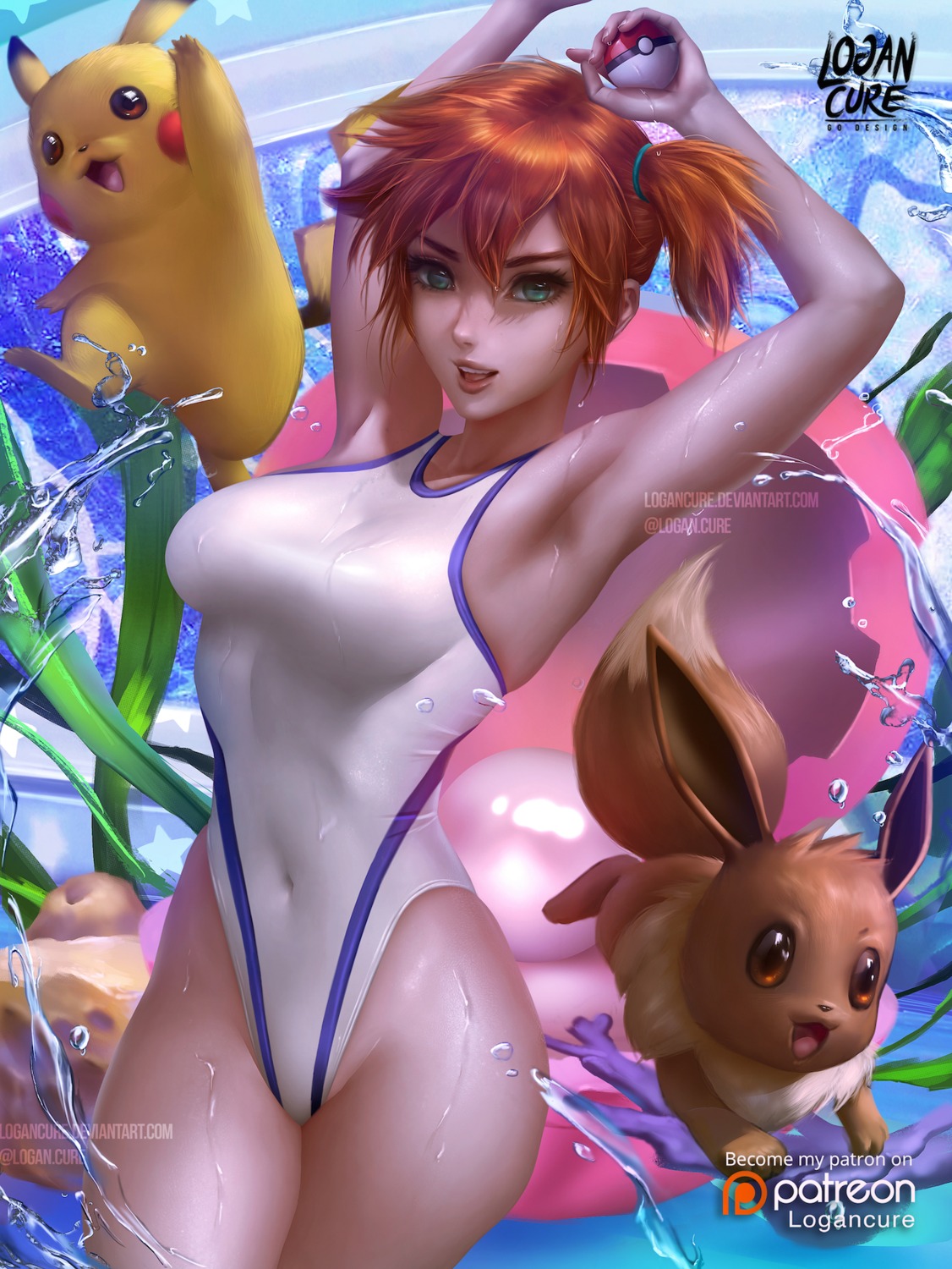 eevee kasumi_(pokemon) logan_cure pikachu pokemon pokemon_frlg pokemon_rgby swimsuits