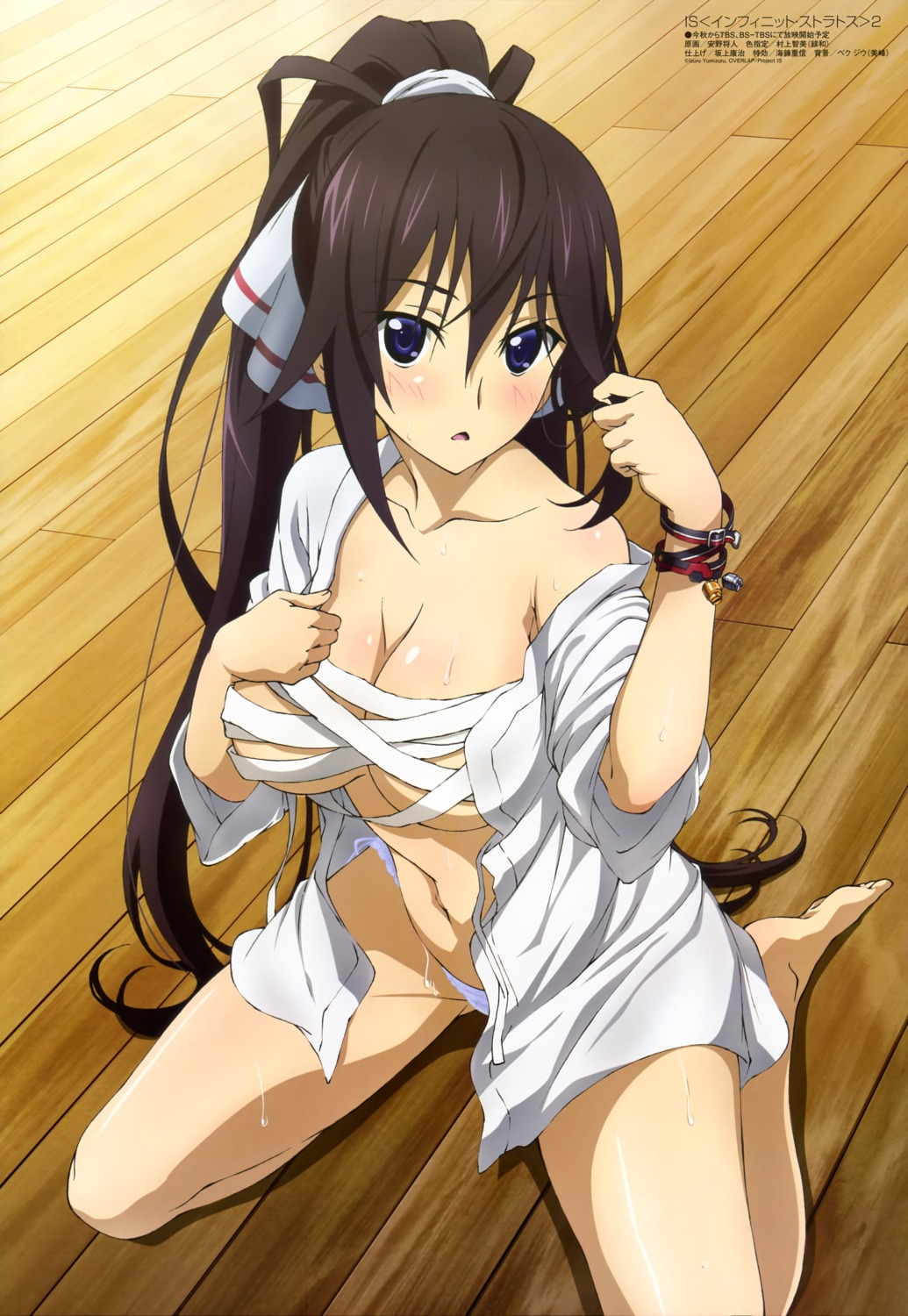 anno_masato cleavage infinite_stratos infinite_stratos_2 open_shirt pantsu sarashi shinonono_houki string_panties underboob undressing wet