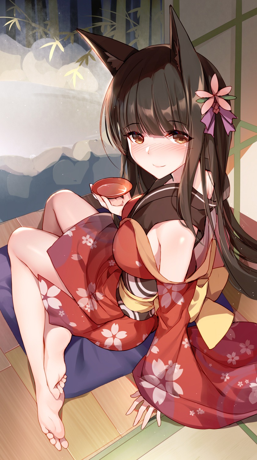 akagi_(zhanjianshaonv) animal_ears bison_cangshu feet yukata zhanjianshaonv