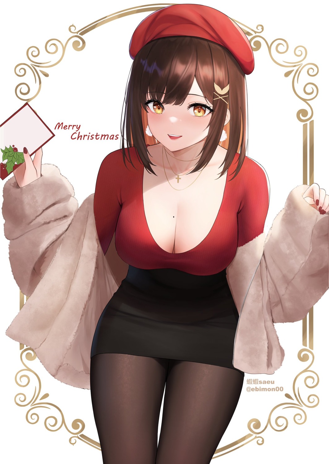 christmas ebi_(ebimon0) no_bra open_shirt pantyhose sweater