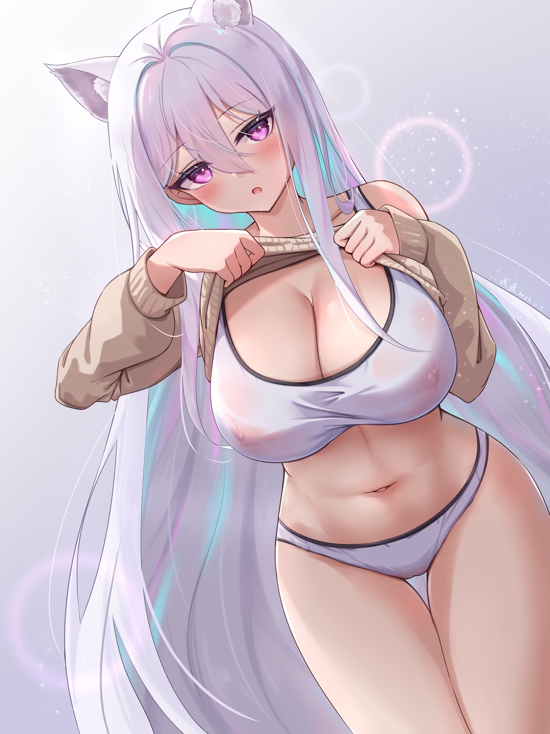 animal_ears azur_lane bra kearsarge_(azur_lane) nekomimi pantsu qian_hen see_through shirt_lift sweater