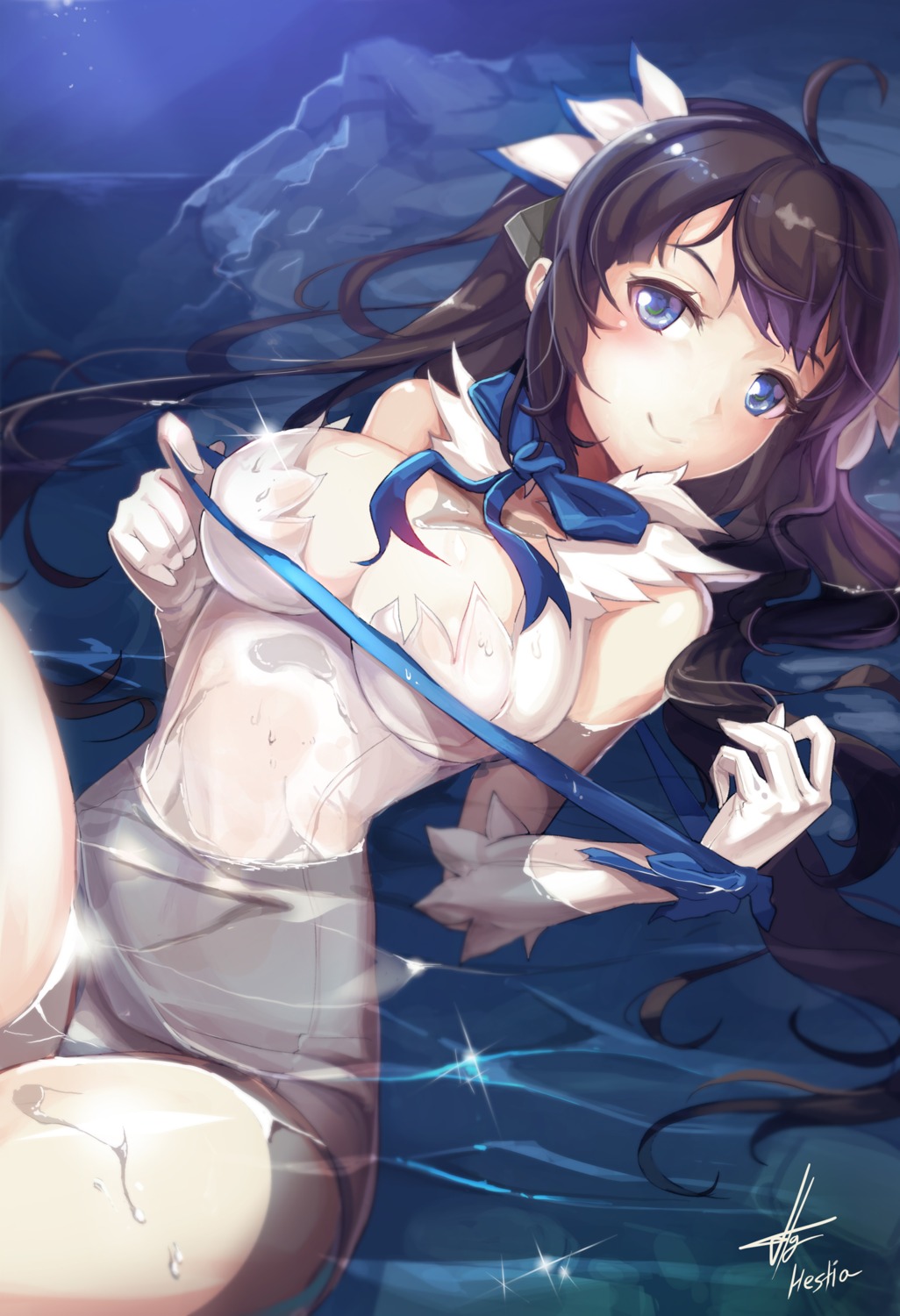 cleavage dress dungeon_ni_deai_wo_motomeru_no_wa_machigatteiru_darou_ka hagha hestia_(danmachi) no_bra pantsu wet