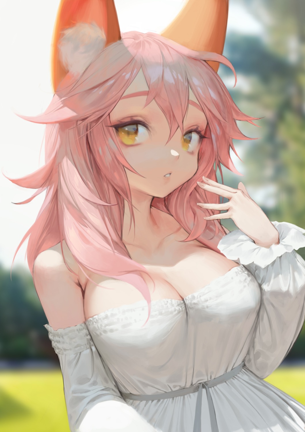 animal_ears charles_(106858) cleavage dress fate/extra fate/grand_order fate/stay_night summer_dress tamamo_no_mae