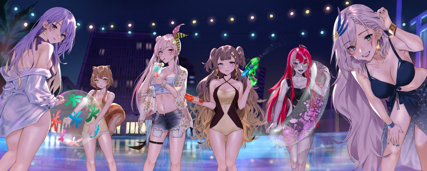 airani_iofifteen animal_ears anya_melfissa ass ayunda_risu bikini cleavage garter heterochromia hievasp hololive hololive_indonesia kureiji_ollie moona_hoshinova open_shirt pavolia_reine see_through swimsuits tail