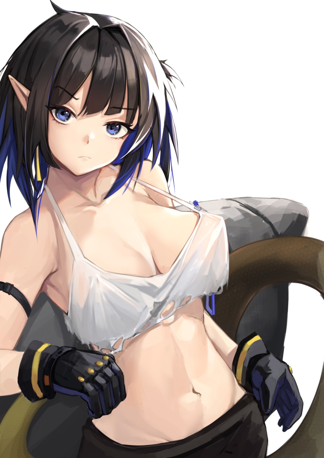 arknights eunectes_(arknights) kuroja no_bra pointy_ears see_through tail torn_clothes