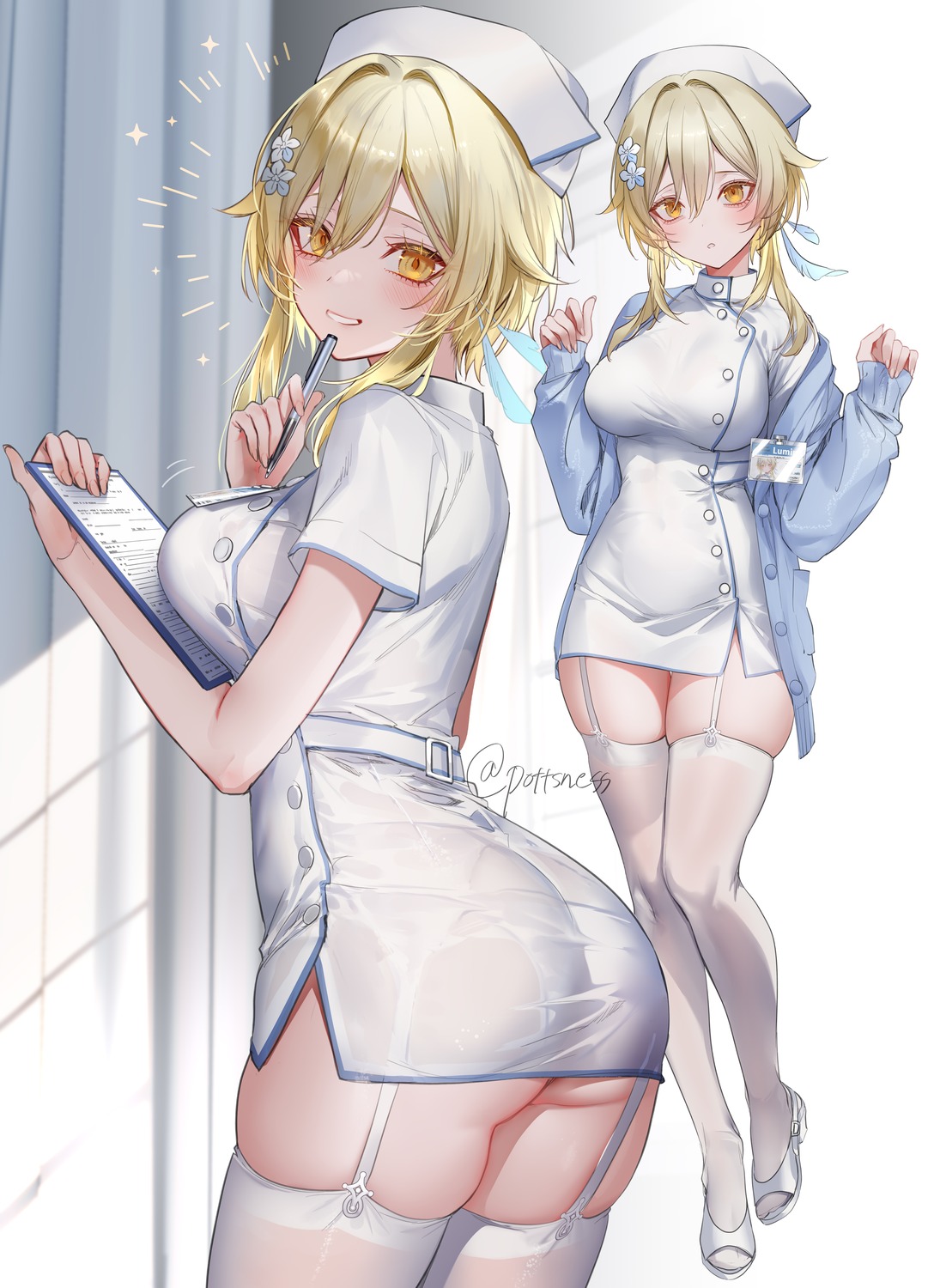 ass breast_hold genshin_impact heels lumine nurse pantsu pottsness see_through stockings sweater thighhighs thong