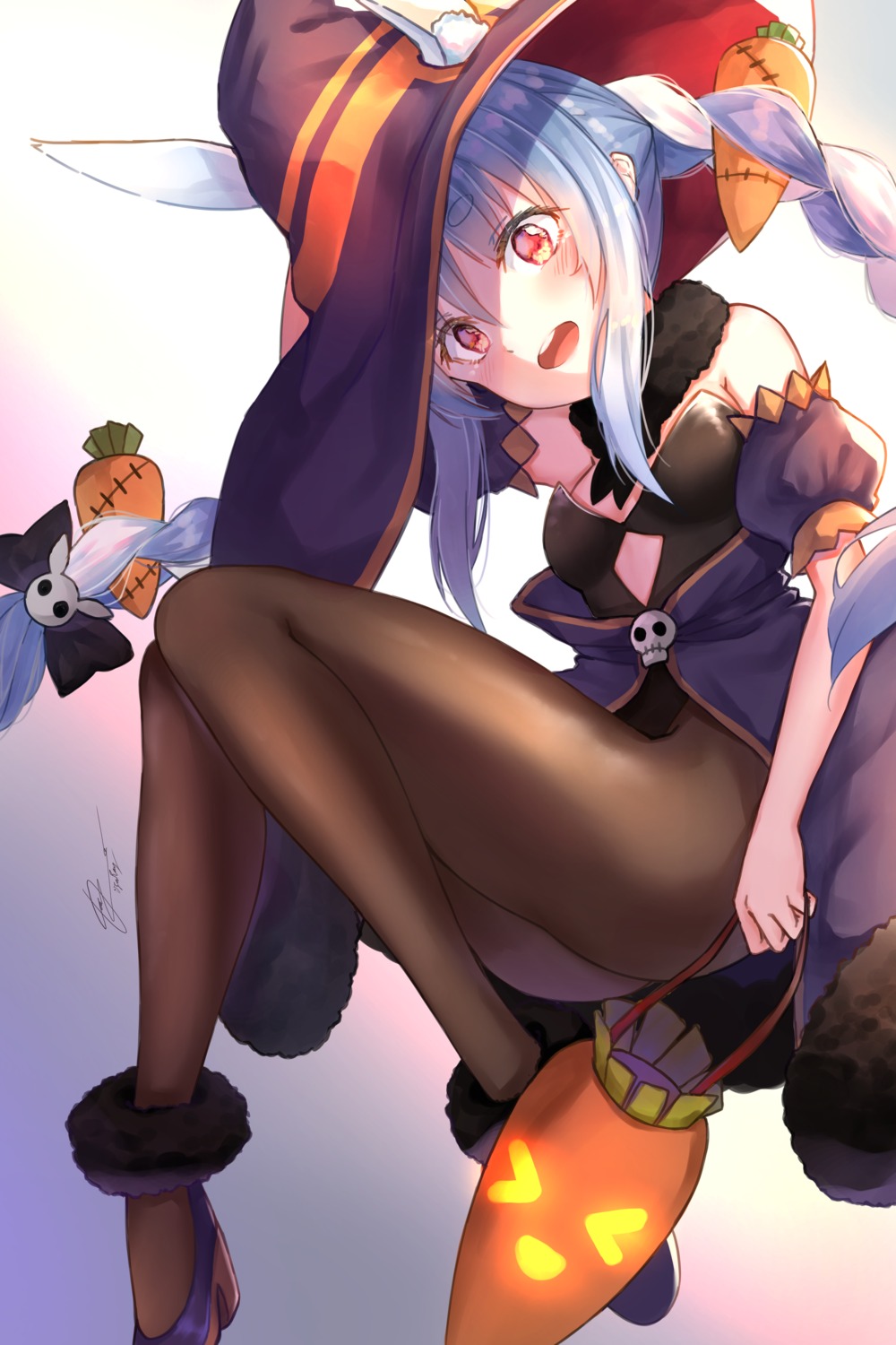 animal_ears bunny_ears bunny_girl halloween heels hololive ijac_ray no_bra pantyhose usada_pekora witch