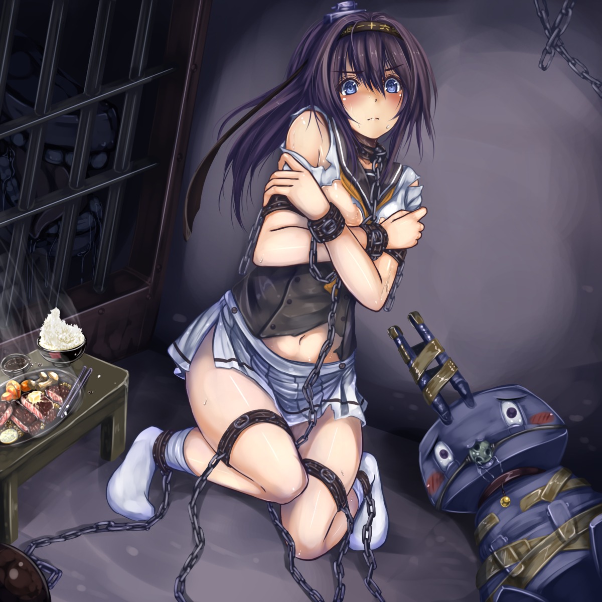 akizuki_(kancolle) bondage breast_hold kantai_collection monikano no_bra rensouhou-chan seifuku torn_clothes