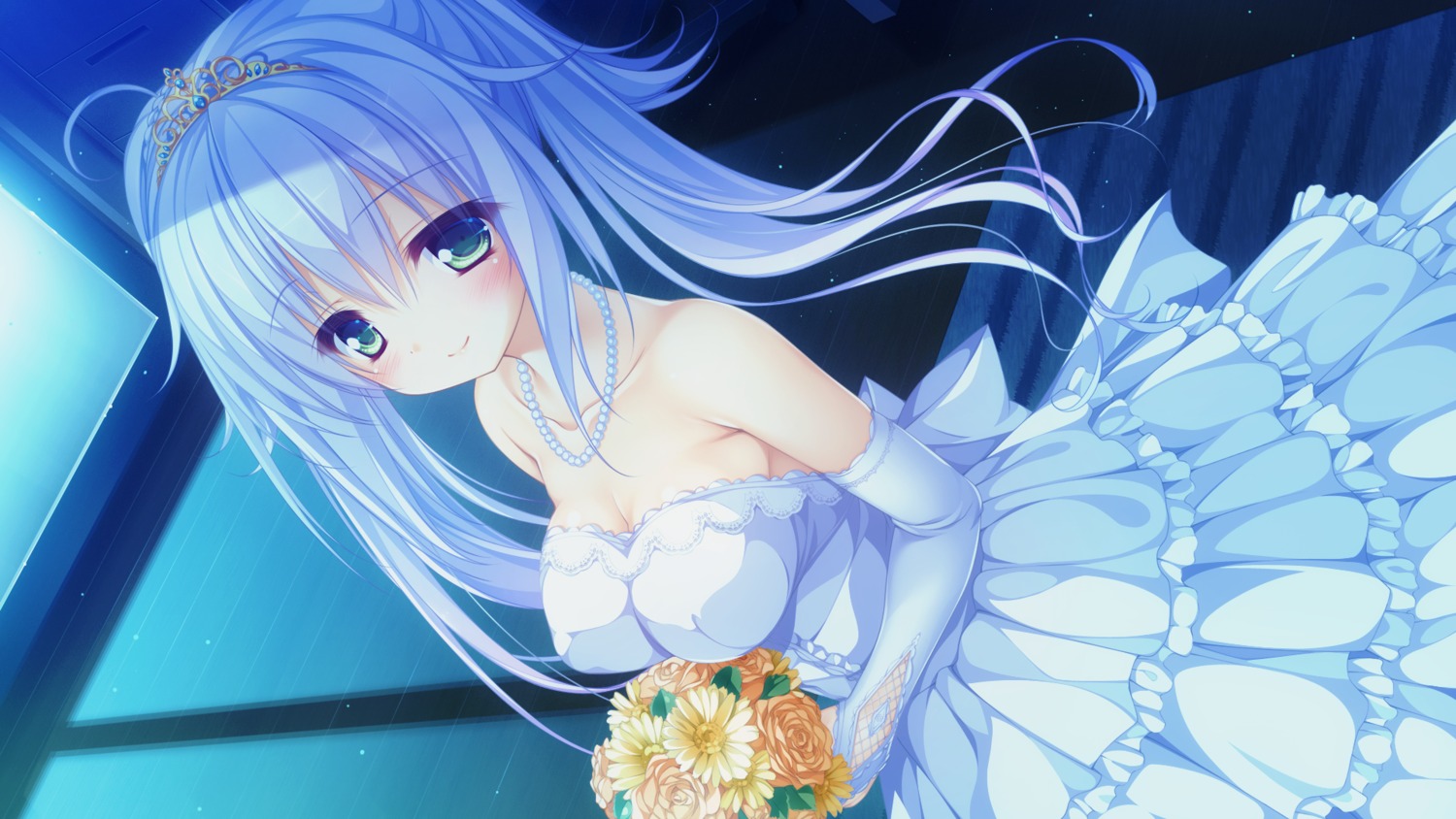 cleavage dress game_cg kururu_(world_election) mikagami_mamizu no_bra wedding_dress whirlpool world_election