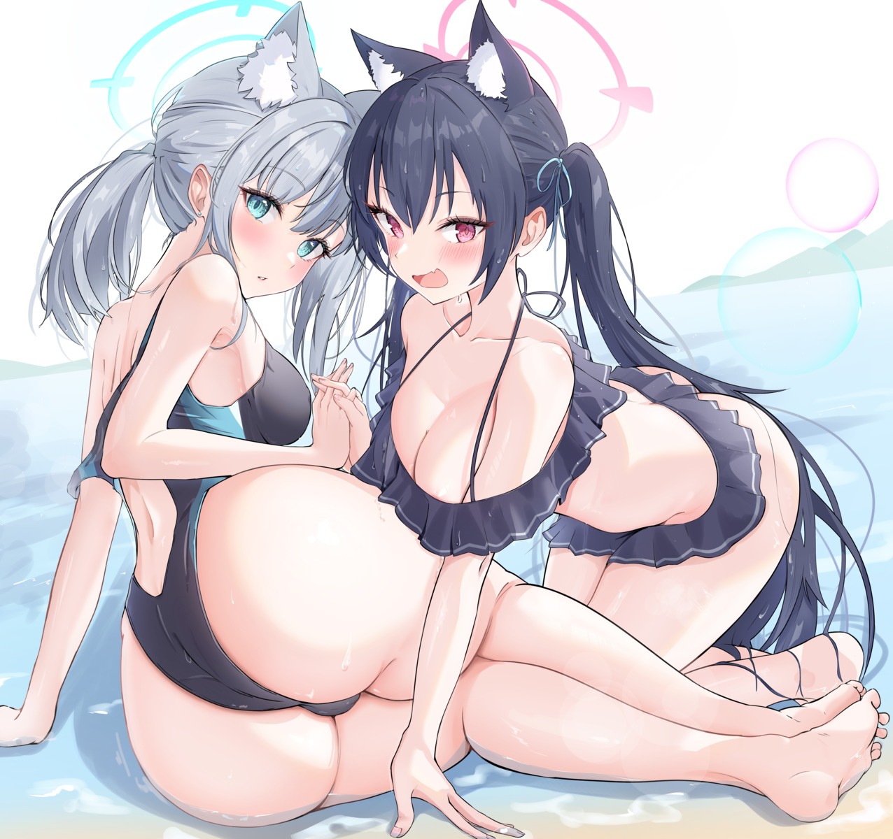 animal_ears ass bikini blue_archive cameltoe halo kuromi_serika mj_(xmj0309) nekomimi sunaookami_shiroko swimsuits wet yuri