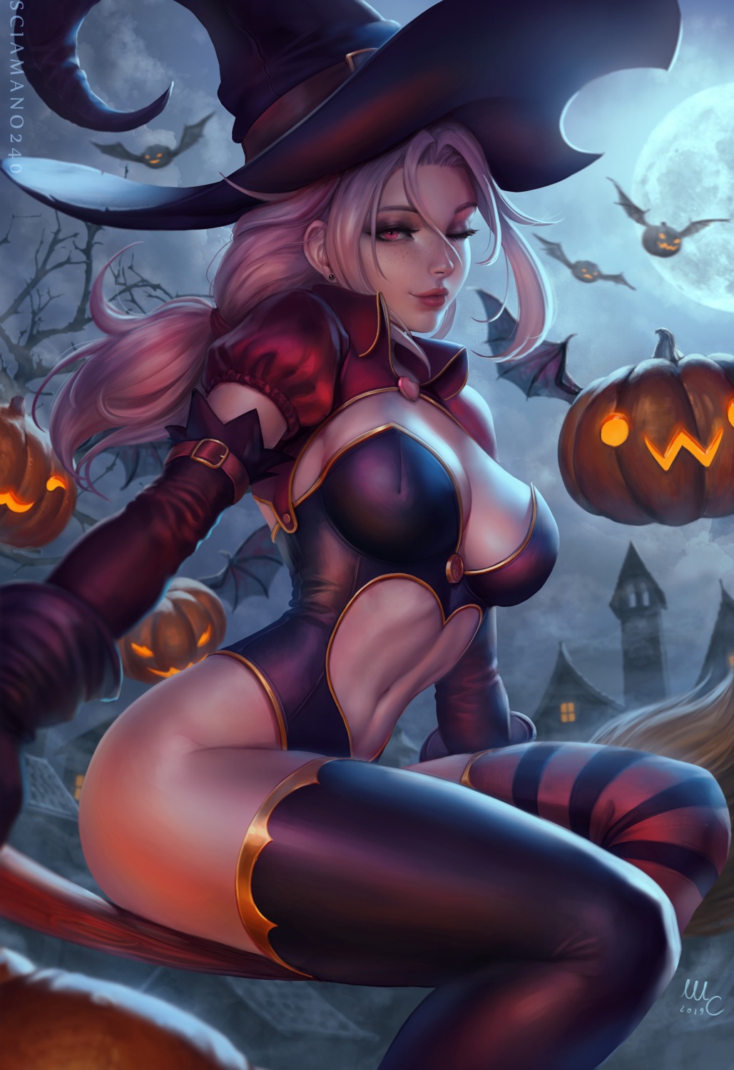 cleavage halloween leotard mercy_(overwatch) mirco_cabbia no_bra overwatch thighhighs witch
