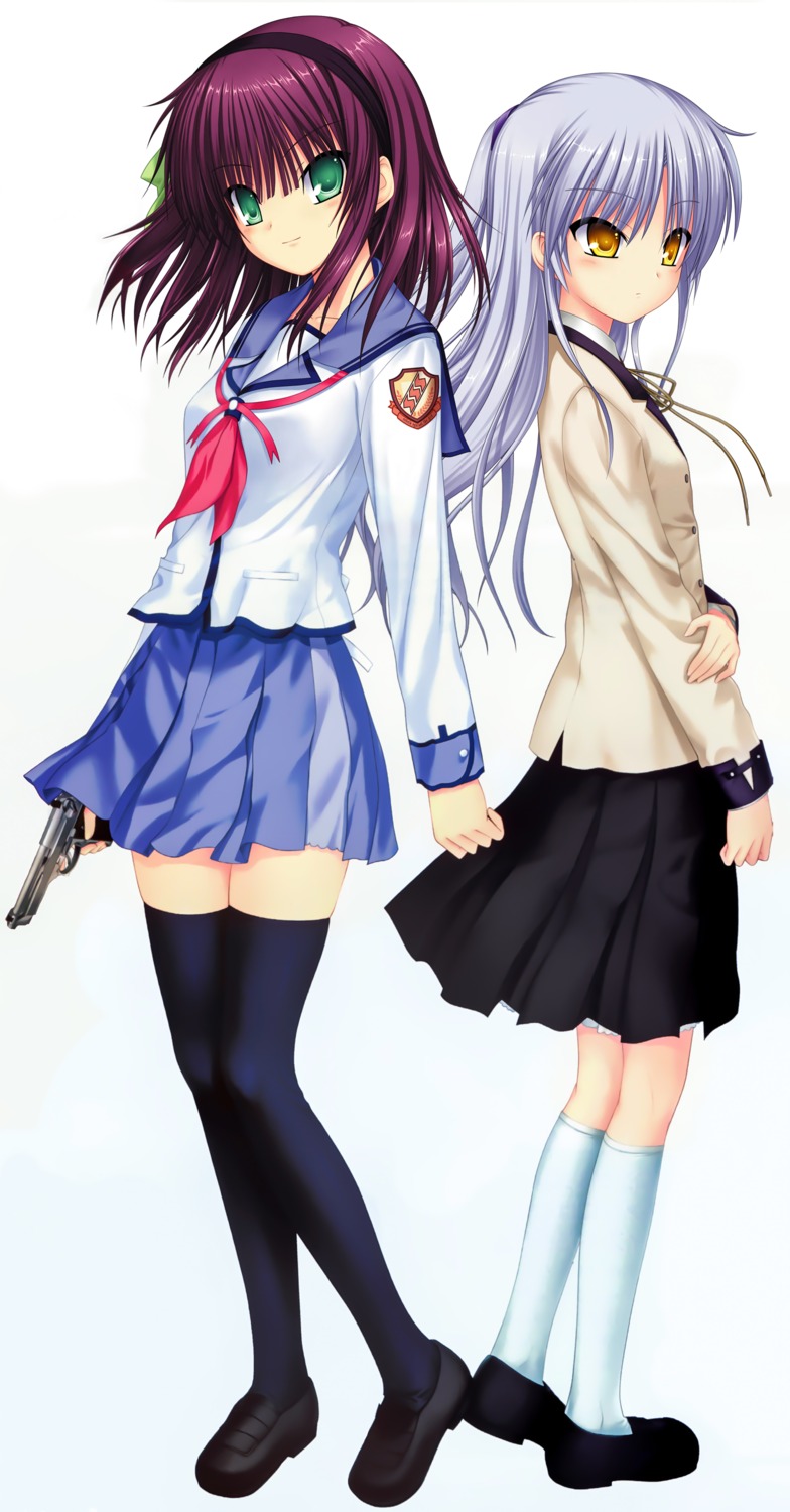 angel_beats! gun key na-ga nakamura_yuri seifuku stick_poster tachibana_kanade thighhighs