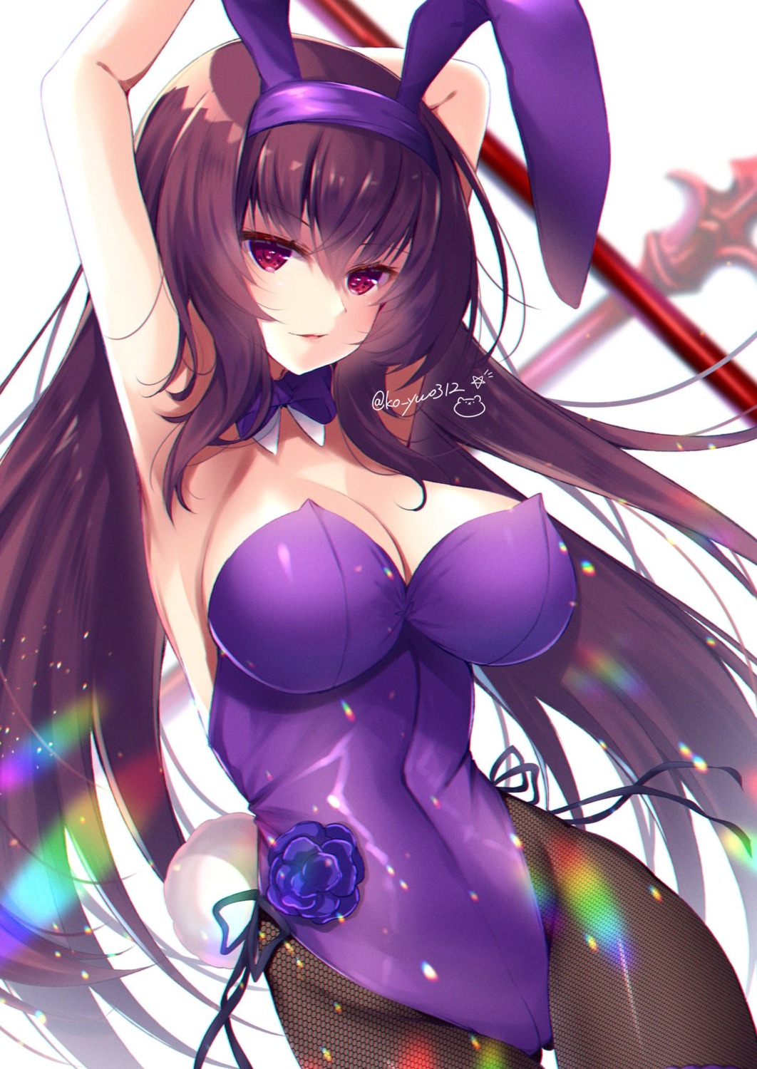 animal_ears bunny_ears bunny_girl fate/grand_order fishnets ko_yu no_bra pantyhose scathach_(fate/grand_order) tail weapon