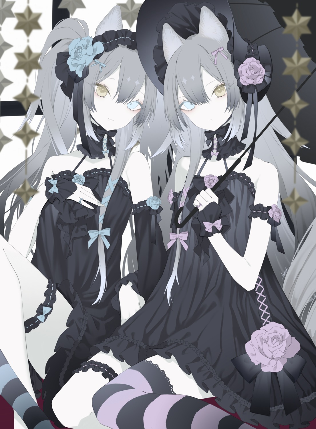 animal_ears dress garter gothic_lolita heterochromia kotarou lolita_fashion skirt_lift thighhighs umbrella