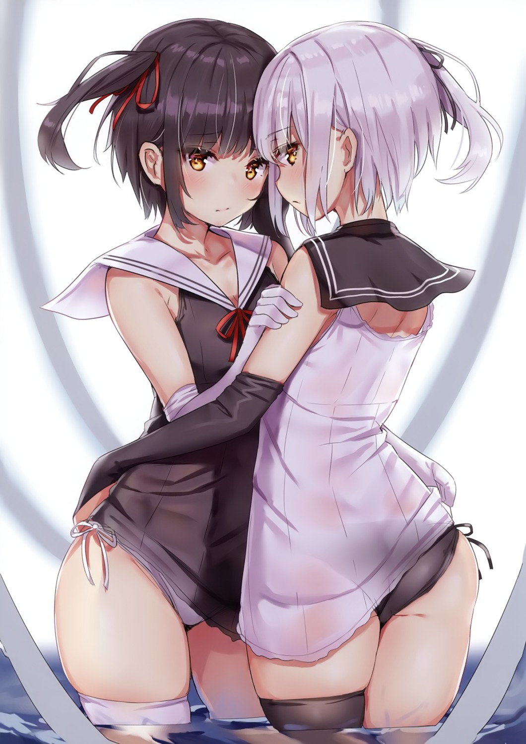 bikini reinama see_through seifuku swimsuits symmetrical_docking thighhighs wet_clothes