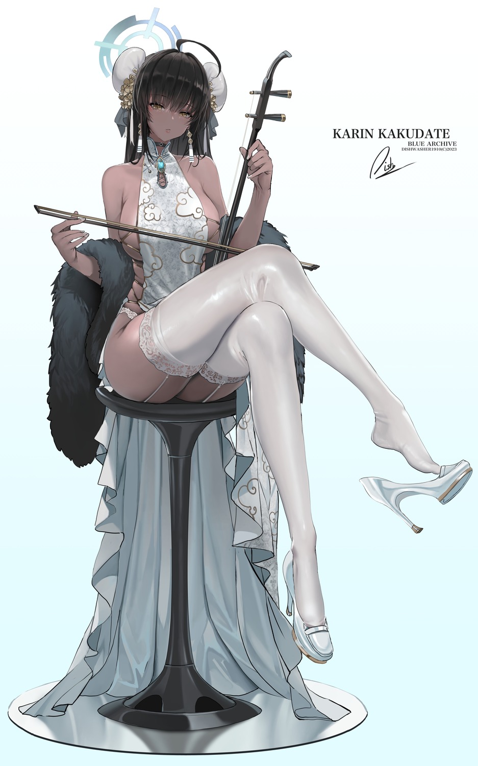 blue_archive dishwasher1910 dress halo heels kakudate_karin no_bra skirt_lift stockings thighhighs