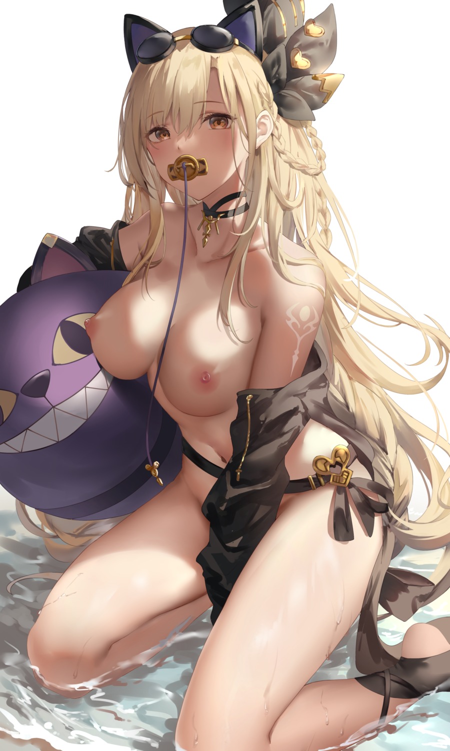 animal_ears bottomless breasts granblue_fantasy helel_ben_shalem megane nipples no_bra open_shirt suzuame_yatsumi tattoo wet