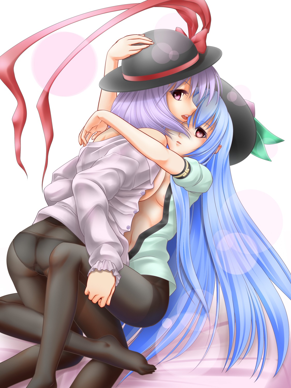 ass hinanawi_tenshi koibumi nagae_iku no_bra open_shirt pantsu pantyhose touhou yuri