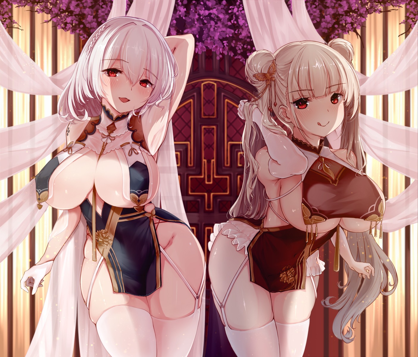 asian_clothes azur_lane formidable_(azur_lane) no_bra rhineheim see_through sirius_(azur_lane) stockings thighhighs underboob