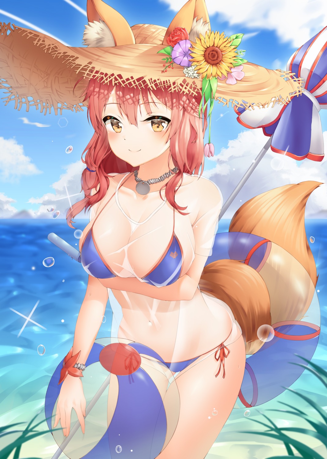 animal_ears bikini breast_hold fate/grand_order see_through skarif swimsuits tail tamamo_no_mae