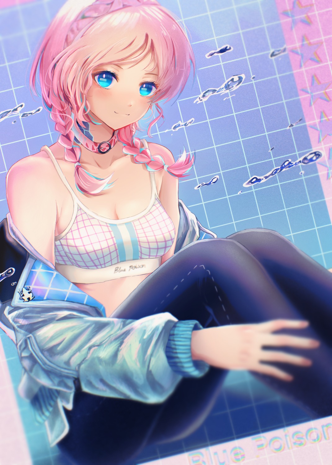 3_(sanyako1) arknights blue_poison_(arknights) bra cleavage open_shirt