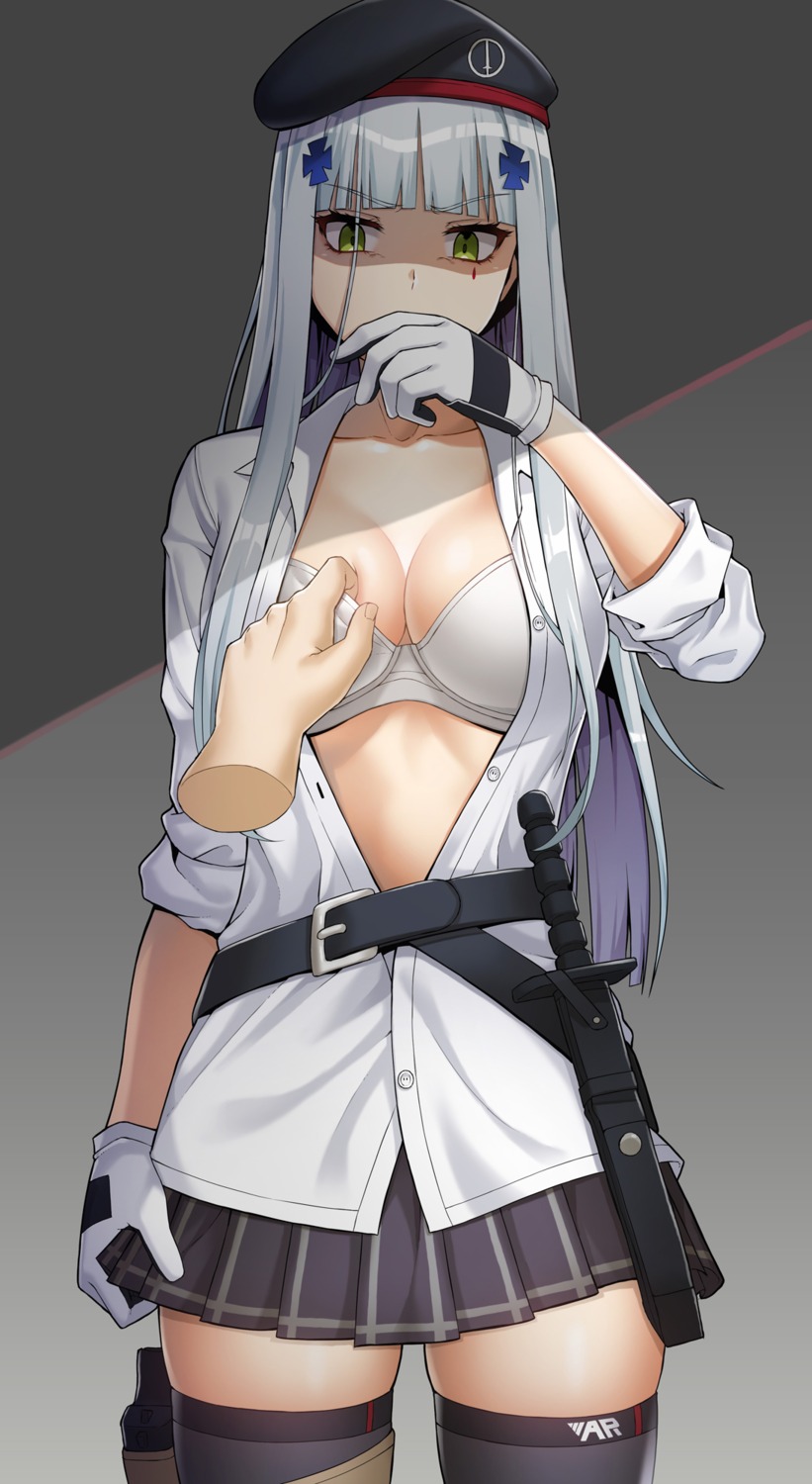 bra cleavage girls_frontline hk416_(girls_frontline) open_shirt s-goon thighhighs weapon