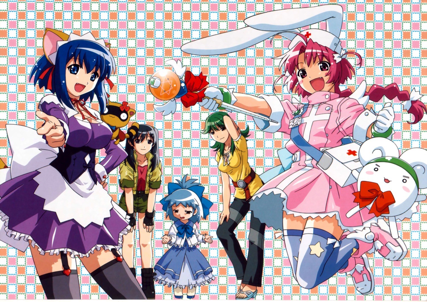 akiba_megumi animal_ears bunny_ears cleavage cropme dress kokubunji_koyori lolita_fashion mugimaru nakahara_komugi nurse_witch_komugi posokichi stockings thighhighs tokisaka_runa watanabe_akio