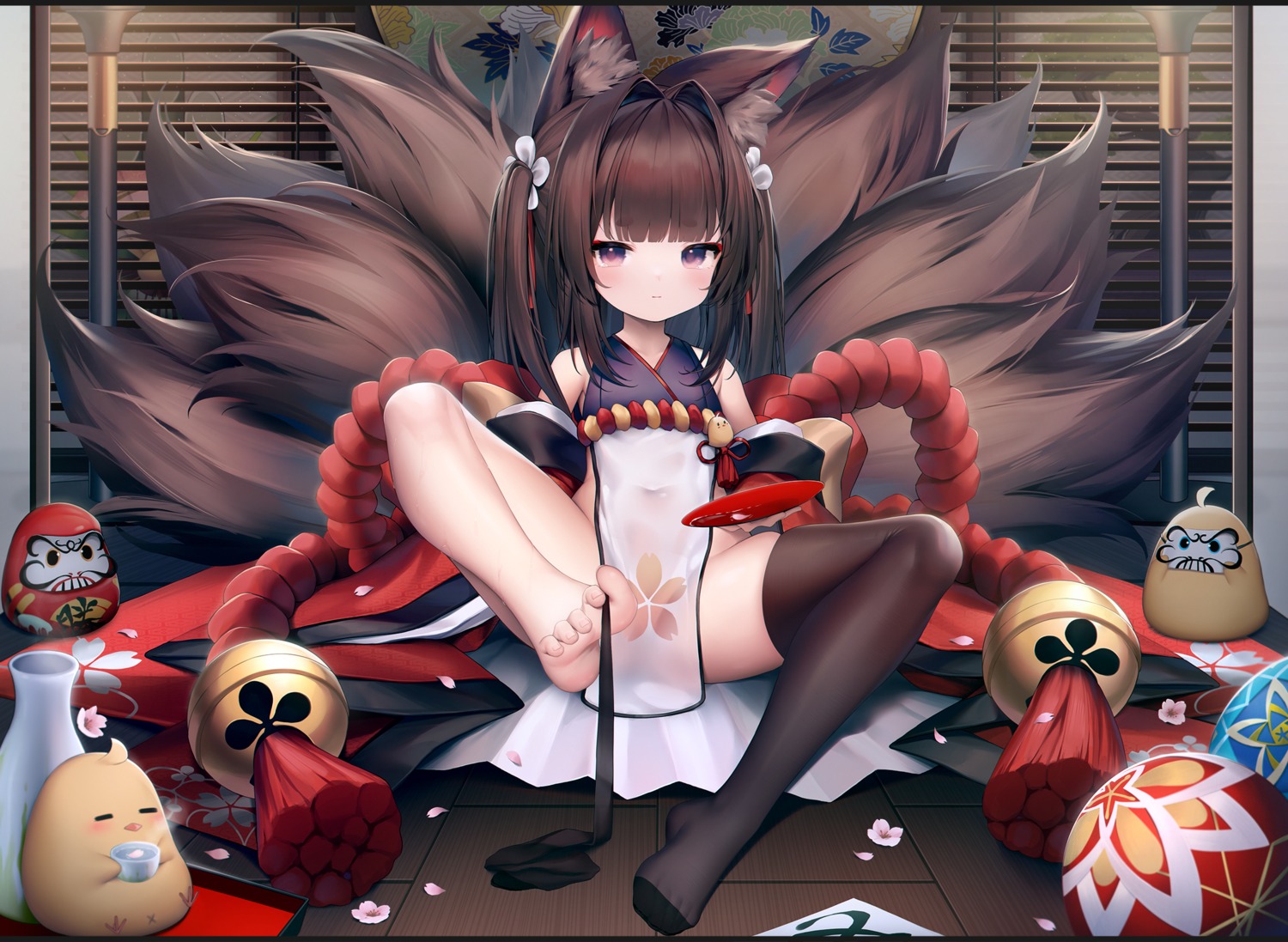 amagi-chan_(azur_lane) amagi_(azur_lane) animal_ears azur_lane feet japanese_clothes kitsune loli manjuu_(azur_lane) see_through tail taitai thighhighs