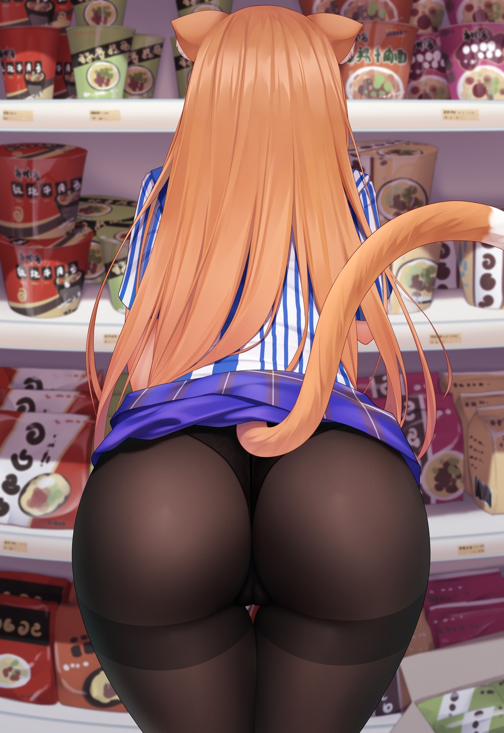 animal_ears ass cameltoe kurohanya lawson nekomimi niliu_chahui pantsu pantyhose skirt_lift tail thong uniform