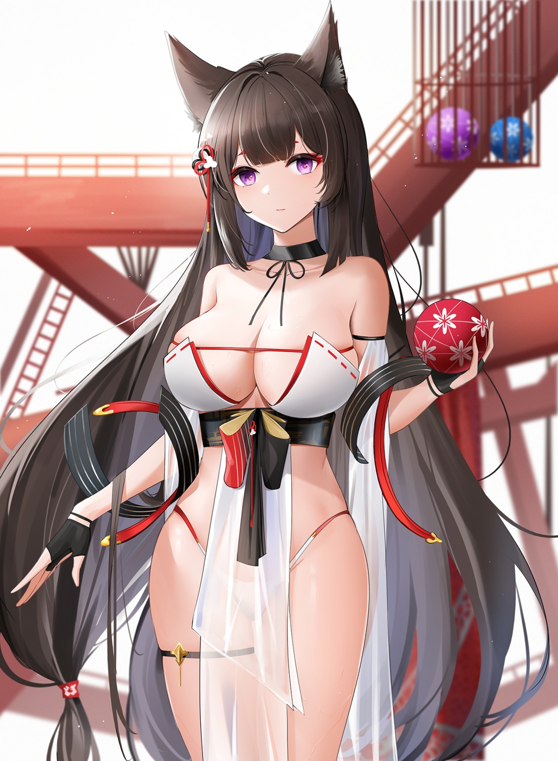 amagi_(azur_lane) animal_ears azur_lane garter japanese_clothes kitsune no_bra pantsu qing_wu see_through thong