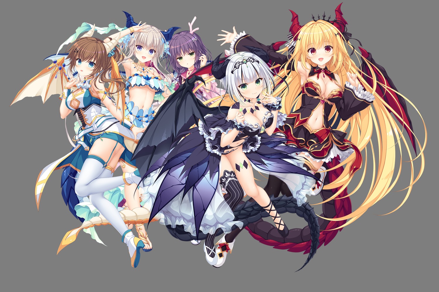 cleavage drapri_guu-ta-life drapri_guu-ta-life_2 drapri_guu-ta-life_3 garter haru_(drapri_guu-ta-life) heels horns ichinose_suzuka iris_(drapri_guu-ta-life) mei_(drapri_guu-ta-life) no_bra sango_(drapri_guu-ta-life) stockings tail takano_yuki thighhighs transparent_png underboob whirlpool wings