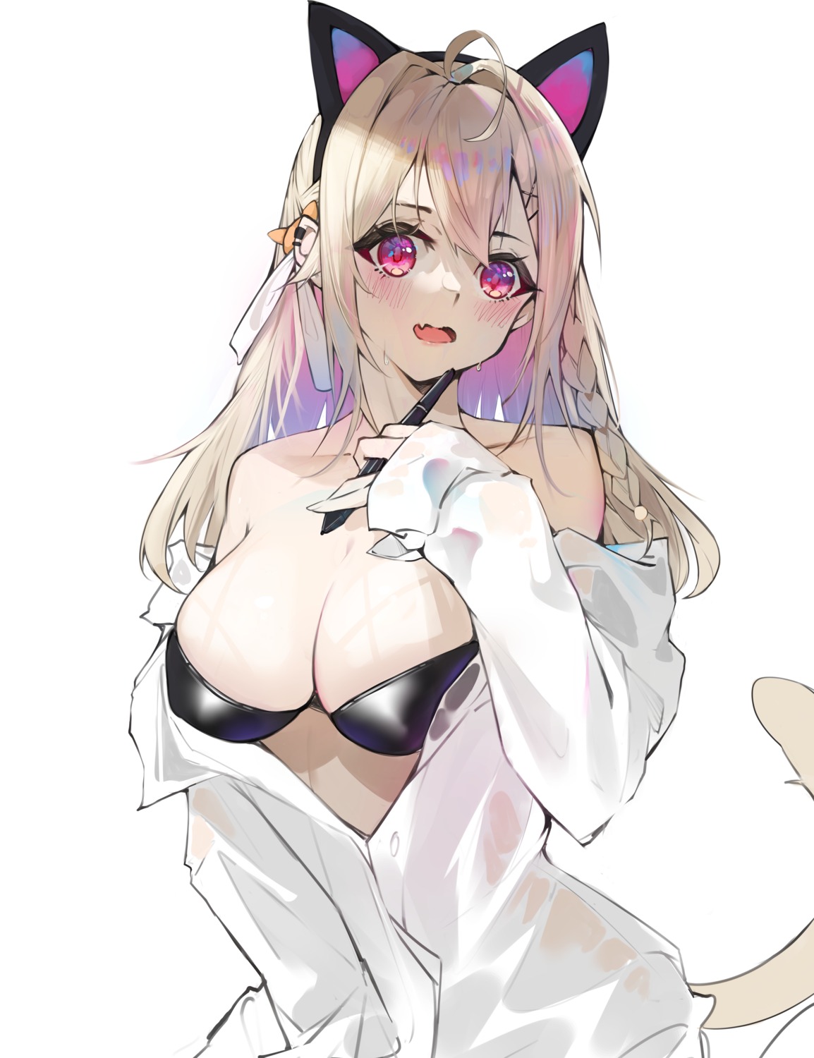 animal_ears bra dress_shirt nekomimi open_shirt see_through sketch tail yamasede_neiko