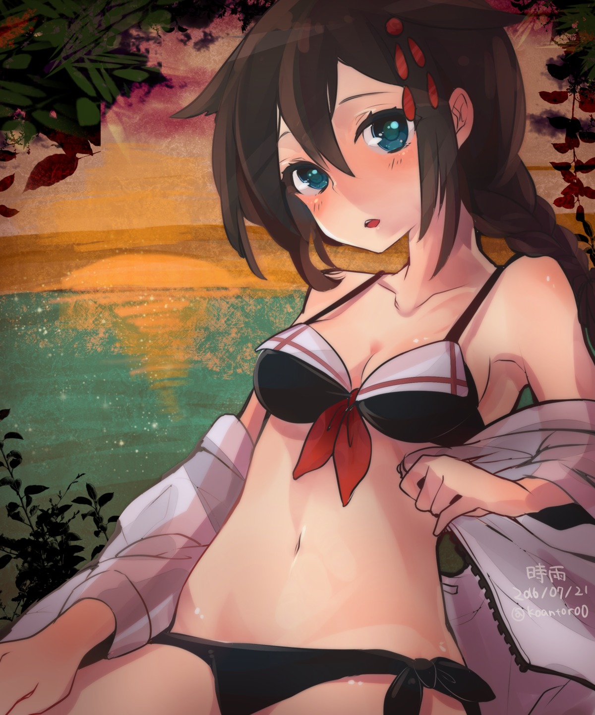 bikini cleavage cointreau kantai_collection open_shirt see_through shigure_(kancolle) swimsuits