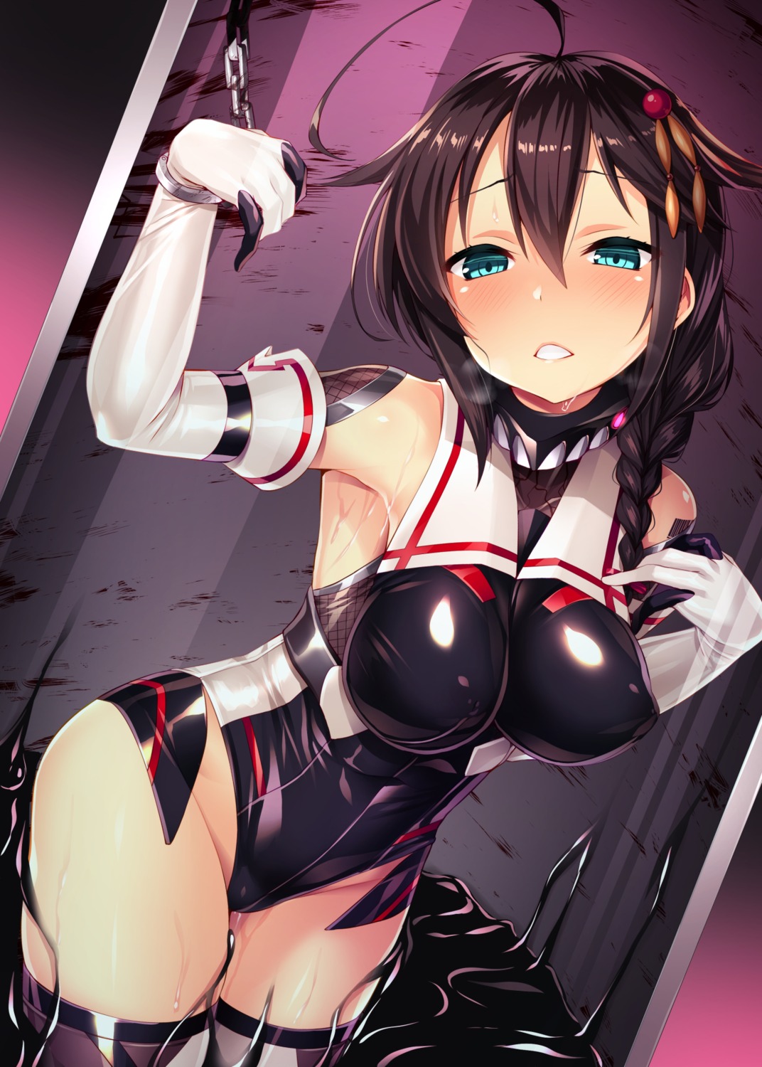 bondage erect_nipples kantai_collection leotard satou_kuuki shigure_(kancolle) thighhighs wet