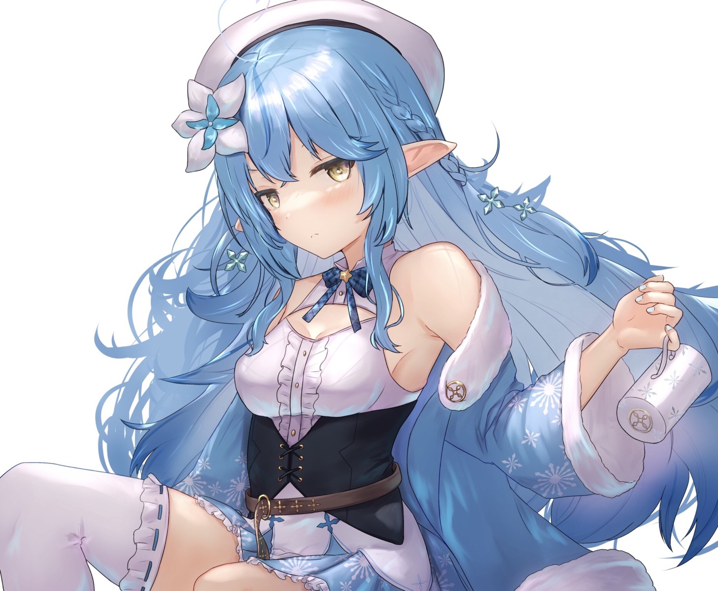 cleavage elf hololive pointy_ears sheiou skirt_lift thighhighs yukihana_lamy