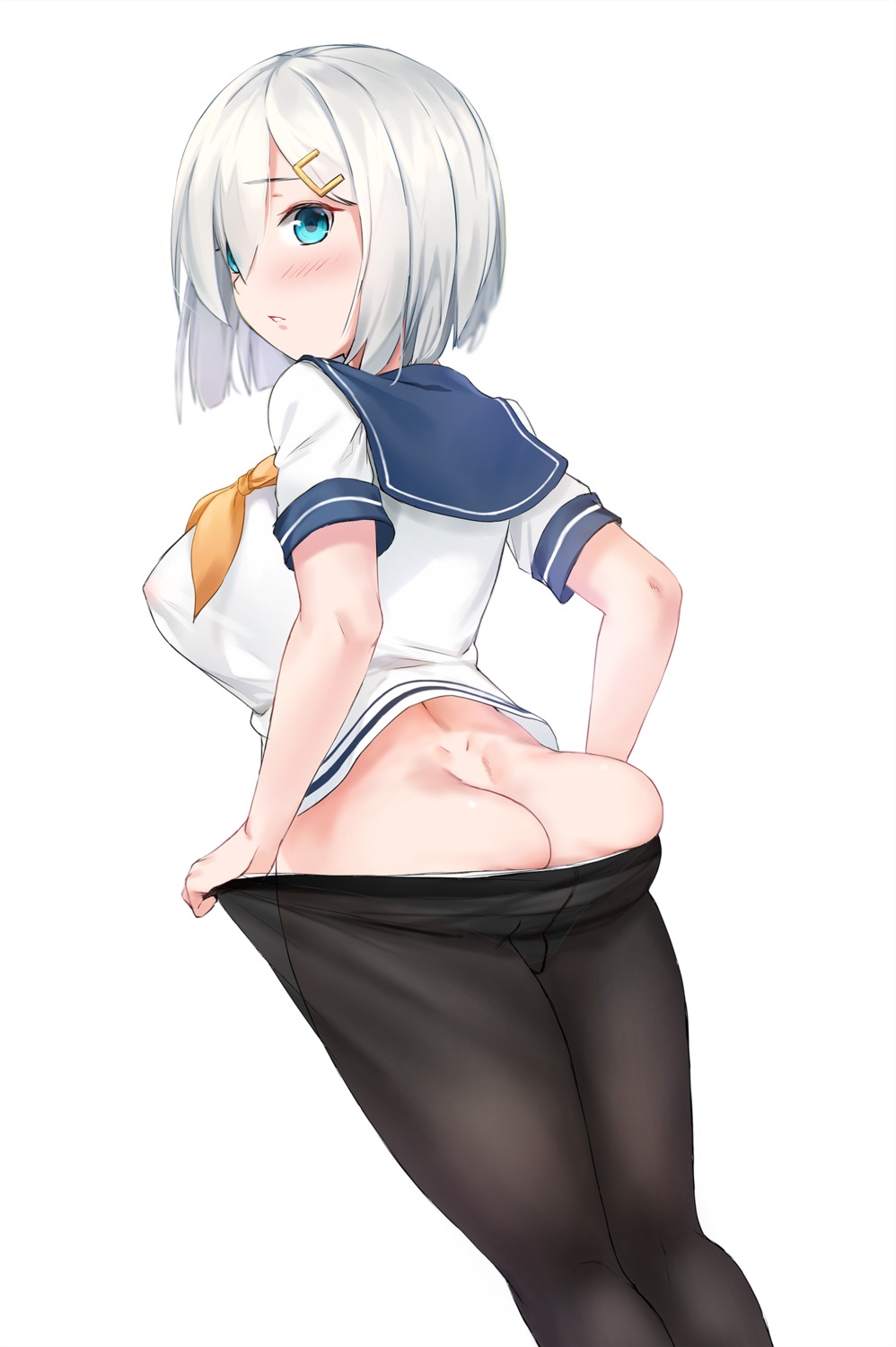 anti_(0324) areola ass hamakaze_(kancolle) kantai_collection no_bra pantsu panty_pull pantyhose see_through seifuku undressing