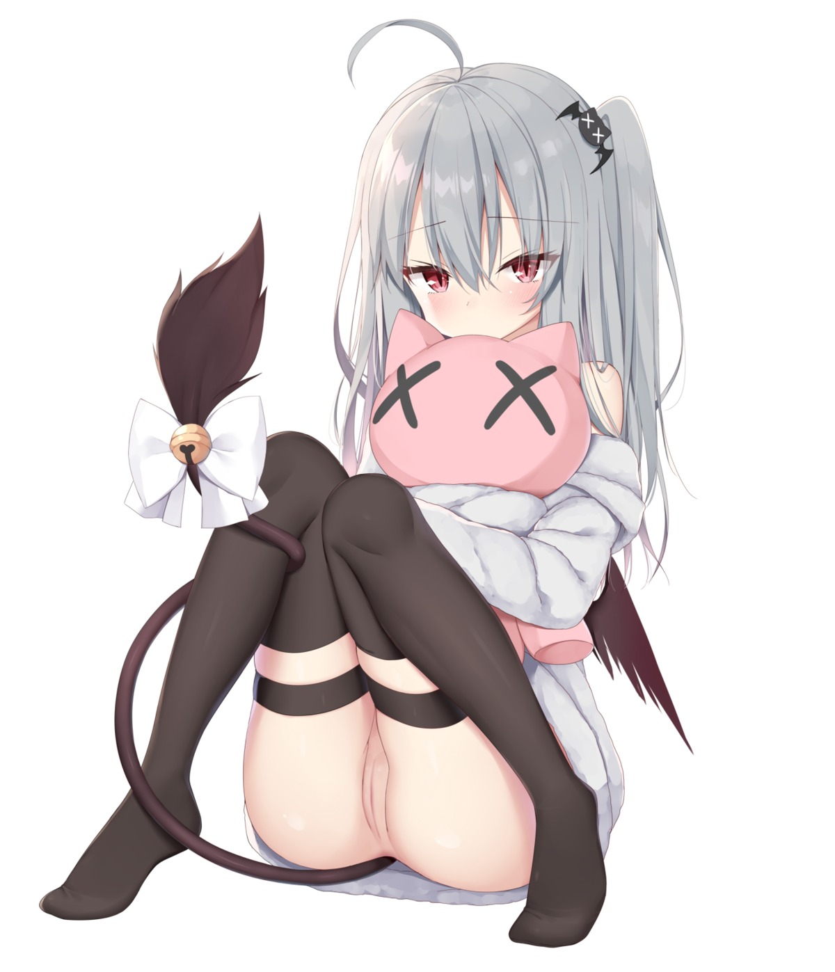 garter kamu_(geeenius) nopan pussy skirt_lift tail thighhighs uncensored wings