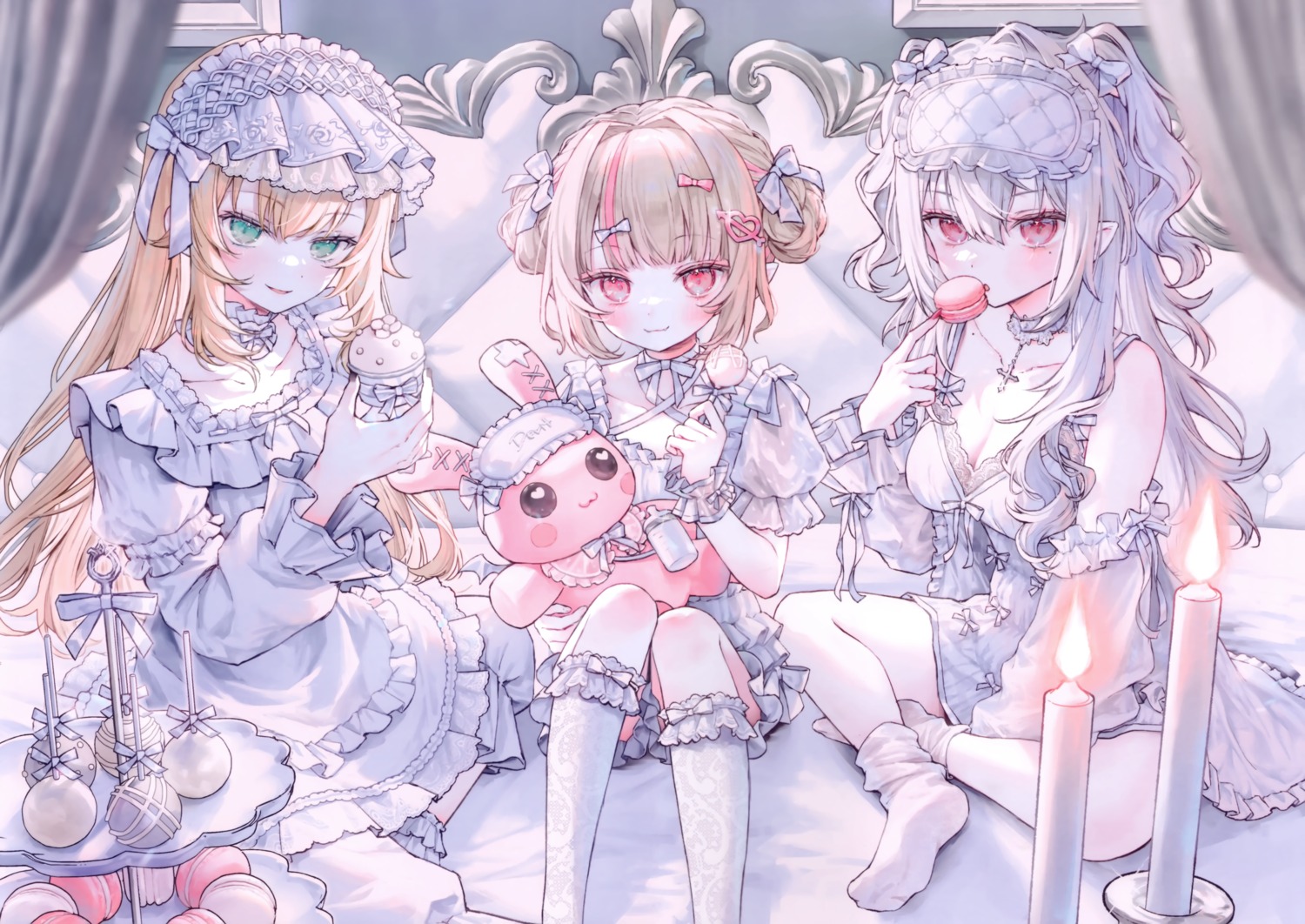 bloomers cleavage dress genderswap kuzuha_(nijisanji) lolita_fashion makaino_ririmu nijisanji nijisanji_gamers nijisanji_seeds pajama pointy_ears sanya_(kuzuha) see_through shiromi_nimi shiromi_nimi_(circle) trap uzuki_kou